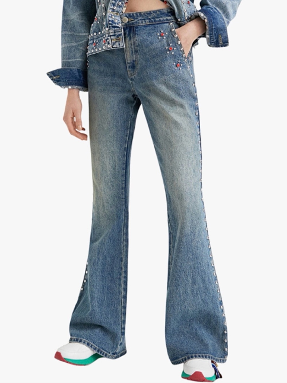 NWT DESIGUAL x Johnson Hartig Keith studded crystal Y2K style flare jeans S